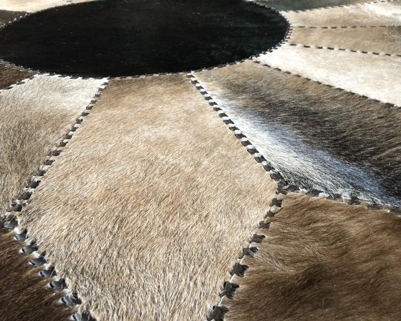 Brown Flower Cowhide Patchwork Round Rug