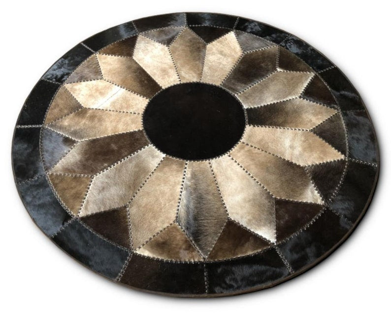 Brown Flower Cowhide Patchwork Round Rug