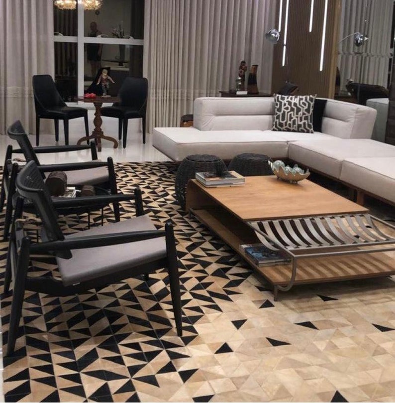 Black & Brown Triangles Handmade Cowhide Patchwork Rug
