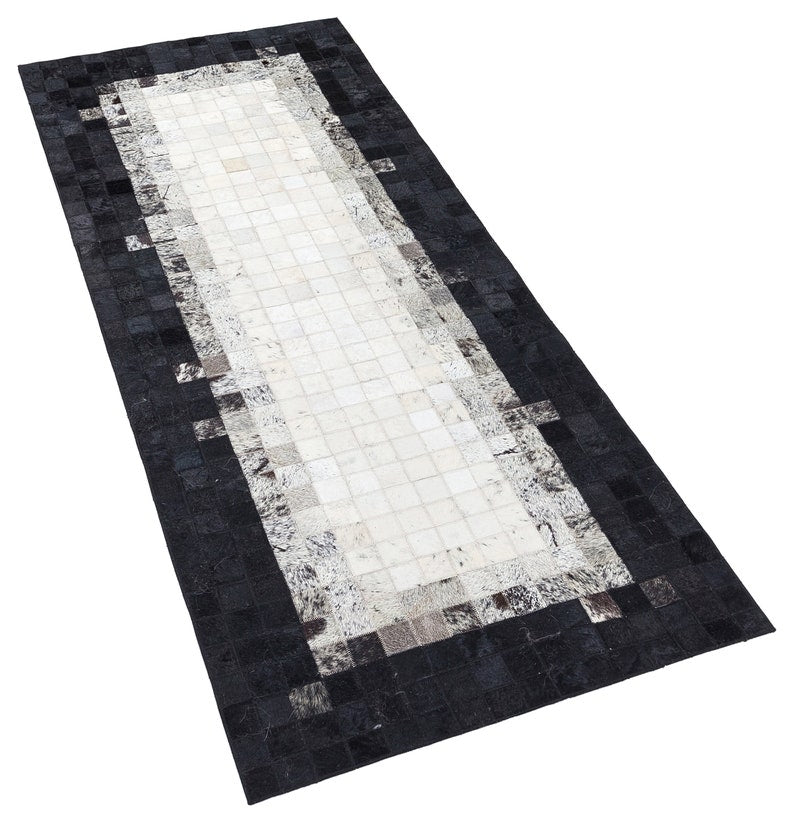 Grey & Black Squares Handmade Cowhide Patchwork Rug